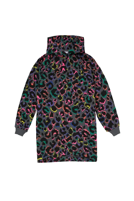 French Style Kids Grey with Rainbow Shadow Leopard Longer Line Hoodie
